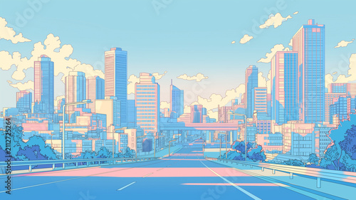 人のいない都市風景を描いた日本アニメ風背景イラスト、広い道路、高層ビル、オフィス街、住宅街、雲の広がる空、夕暮れの街並み、近未来都市、都会、街路、橋、遠景、シネマティック、背景素材、広告、バナー、動画素材、ゲーム背景、漫画背景、商用利用、旅行、観光、都市開発、建築、ランドスケープ、爽やか、開放感、静かな街、都会的、資料作成、表紙、ウェブ素材、ポスター、ヘッダー、サムネイル、駅前、通勤、日常、街歩き
