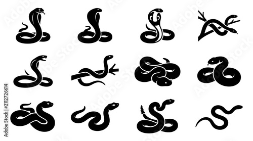 Canvastavla Set of black snake silhouettes in various poses and types like cobra and python