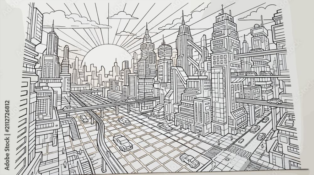 Obraz premium Black and White Coloring Page of a Retro-Futuristic Cityscape with Skyscrapers, Elevated Roads, Flying Cars, and a Rising Sun, Isometric Perspective Vector Illustration