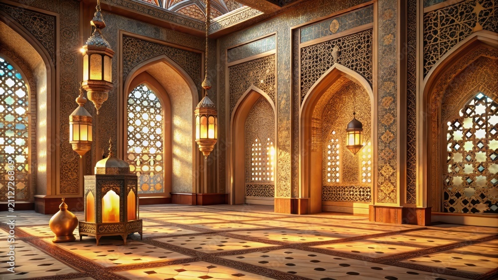 Obraz premium Vibrant brown pastels adorn ancient islamic patterns during eid aladha celebrations in a serene vintageinspired desert temple setting