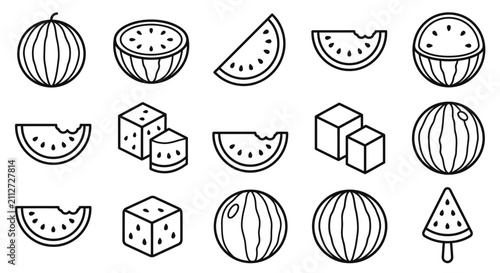 Watermelon Slice Icons: Whole, Halved, Cubed, and Bitten