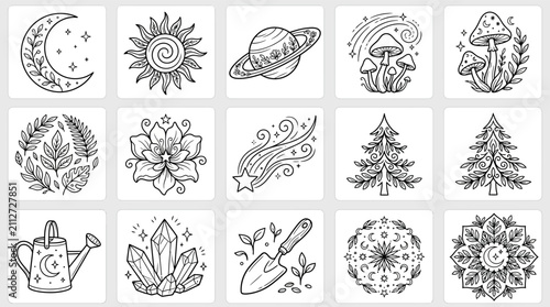 Whimsical Doodle Illustrations: Moon, Sun, Stars, Mushrooms, Plants