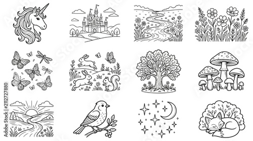 Whimsical Line Art Collection: Fantasy, Nature, and Animals