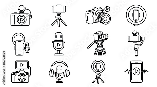 Vlogging Equipment Icons: Camera, Microphone, Tripod, Gimbal, Ring Light