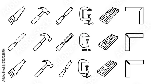 Woodworking Tools Icons Set: Saw, Hammer, Chisel, Clamp, Wood