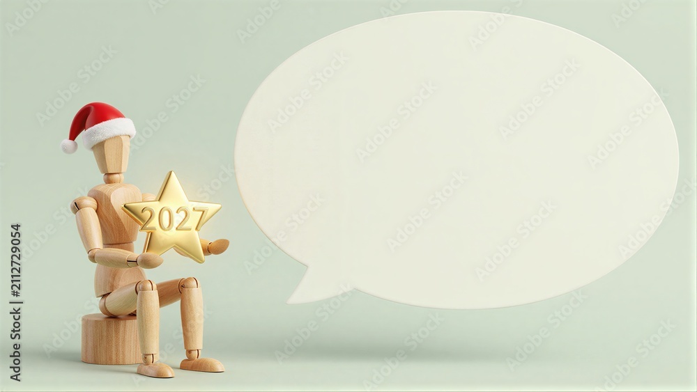 Fototapeta premium Wooden figure in Santa hat holds 2027 star, speech bubble beside it.