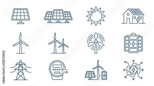 Renewable Energy Icons: Solar, Wind, Battery, Power Grid