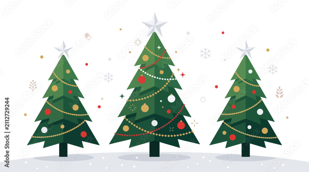 Obraz premium Christmas trees featuring glowing star toppers and golden garlands create a magical winter scene for holiday card designs.