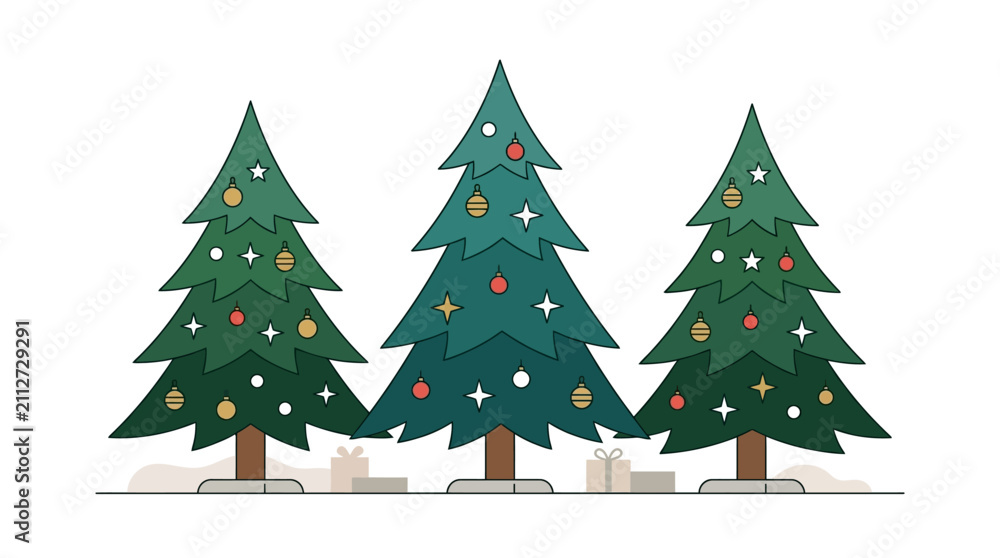 Fototapeta premium Christmas trees decorated with ornaments stand in a row with small gifts placed at their bases.