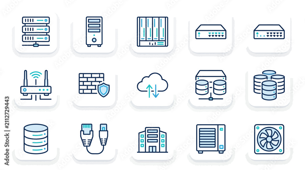 Fototapeta premium Server Icons and Networking Equipment Set