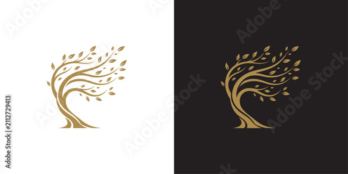 Golden tree logo design blowing in wind elegant luxury nature organic concept icon set