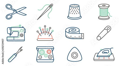 Sewing Icons: Scissors, Needle, Thread, Machine, Thimble, Pins, Tape