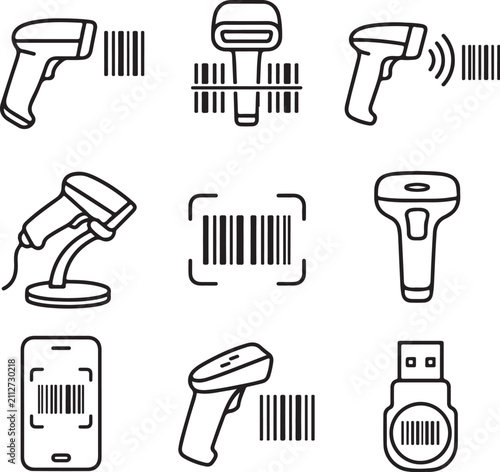 A collection of black and white line art icons depicting various barcode scanners and.