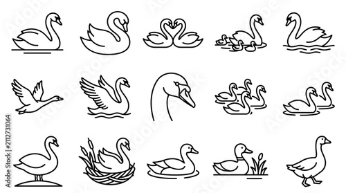 Swan Icon Set: Elegant Birds in Various Poses and Settings