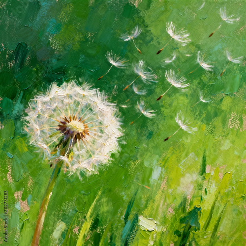 Thick paint oil painting of dandelion seeds floating in green grass