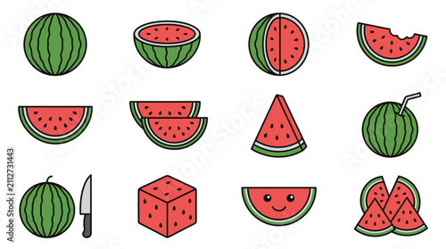 Watermelon Set: Whole, Slices, Cubes, Smiley Face Icon
