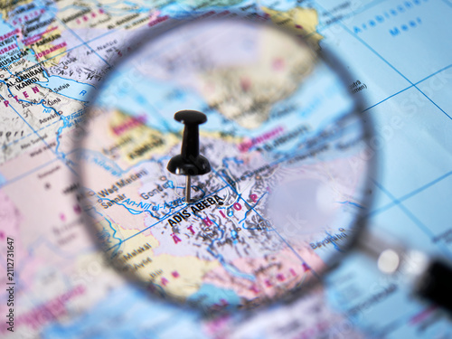 Konstfotografi Map of Addis Ababa with a magnifying glass showing location details