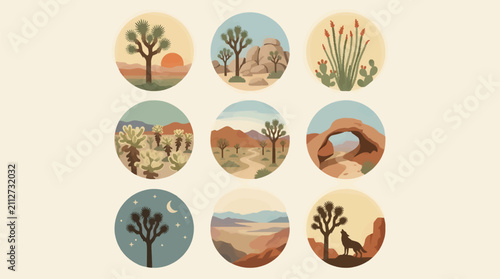 Set of Nine Circular Vector Icons Depicting Iconic Joshua Tree National Park Desert Landscapes, Flora, and Fauna, Flat Illustration Style