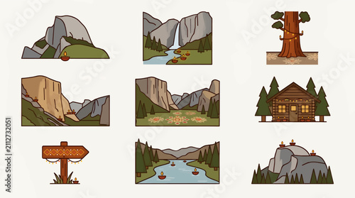 Set of Nine Flat Line Icons Representing Yosemite National Park with Decorative Diwali Lamps, Including Mountains, Waterfall, River, Cabin, Tree, and Signpost Graphics