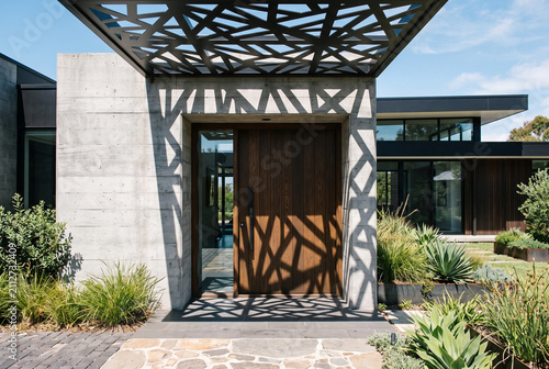 Entrance door with dramatic canopy shadow pattern above in contemporary exterior
