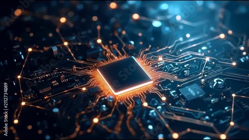Glowing microchip on printed circuit board with illuminated traces and futuristic processor lighting