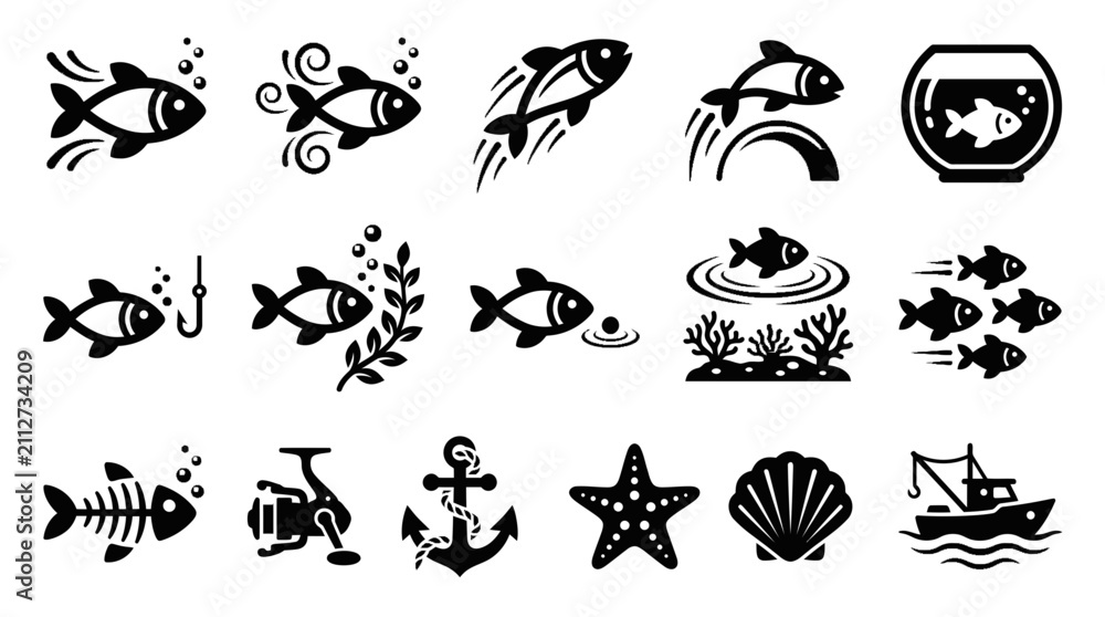 Obraz premium Collection of black fish icons and fishing elements set including anchor boat starfish and fishing rod on white background, symbolizing marine life branding and illustrating seafood design