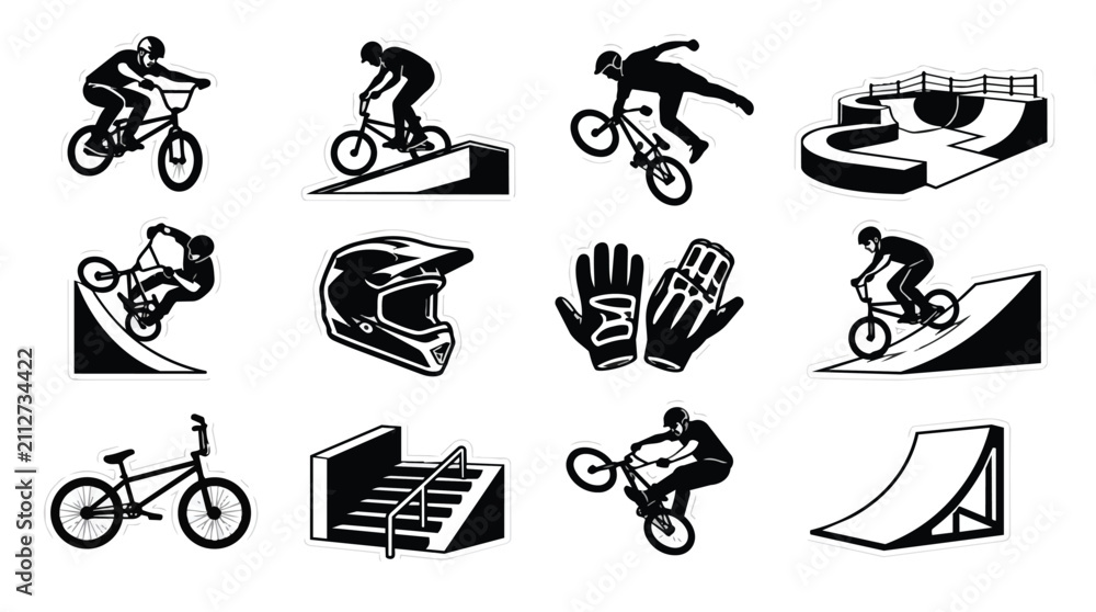 Naklejka premium BMX Bike Rider Freestyle Stunt Graphic Icon Set with Park Elements
