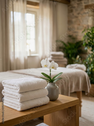 Stack of white towels and orchid on wooden bench in spa room with massage table near window