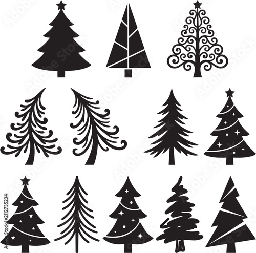Christmas Tree Silhouettes Set Decorative Holiday Fir Trees Vector Illustration