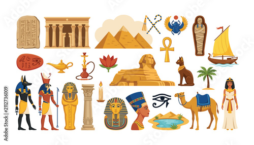 Obraz na plátne Ancient Egypt culture travel and landmarks vector set featuring pharaoh gods pyr