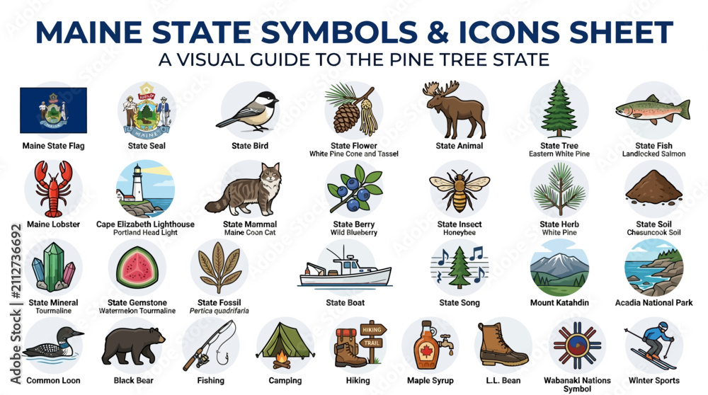 Obraz premium A comprehensive icon sheet showcasing various state symbols, natural landmarks, and cultural elements on a clean white background, perfect for educational materials and travel guides