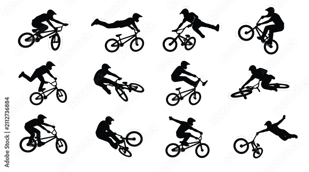Naklejka premium BMX bike riders performing extreme freestyle tricks silhouettes collection