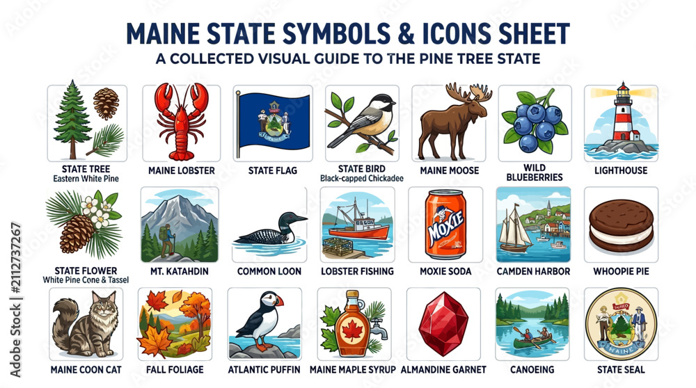 Fototapeta premium A comprehensive icon sheet showcasing various state symbols, natural landmarks, and cultural elements on a clean white background, perfect for educational materials and travel guides