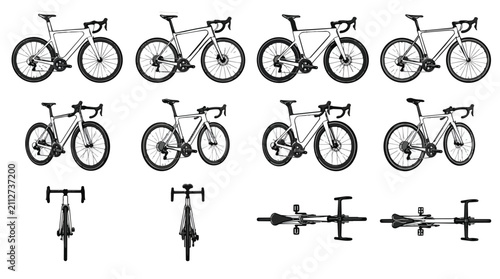 Minimalist White Road Bikes Vector Illustrations Collection Different Views