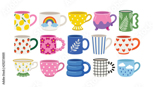 Foto Cute cartoon ceramic mugs and teacups vector set featuring various colorful patt
