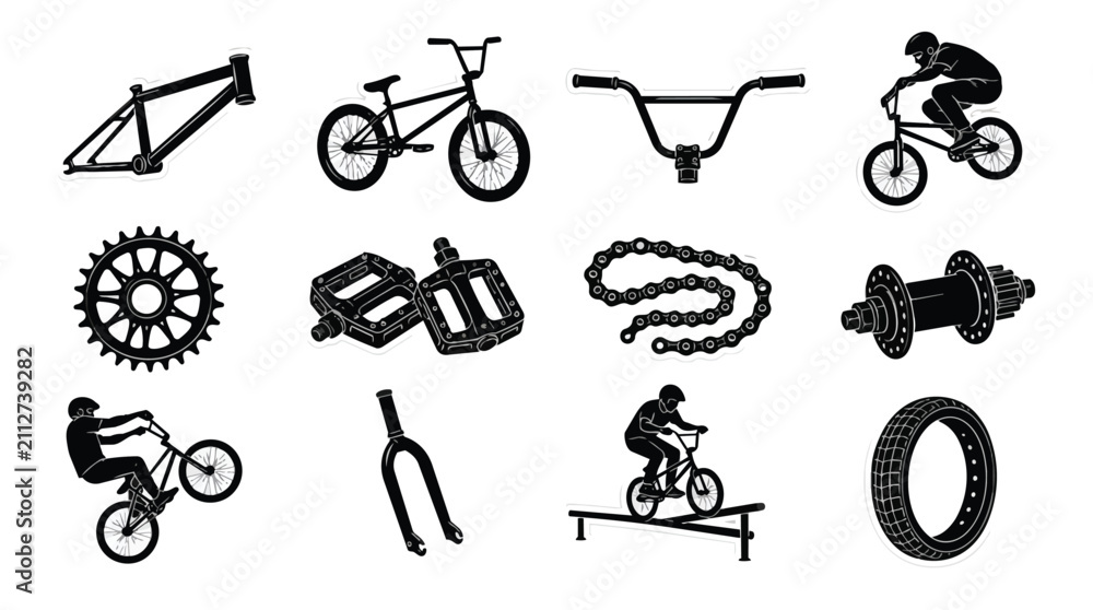 Naklejka premium BMX Freestyle Bicycle Parts and Rider Silhouette Vector Collection