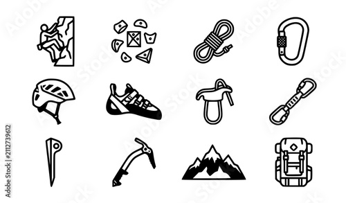Rock climbing icon collection with climber holds rope carabiner helmet shoe harness piton ice axe mountain and backpack