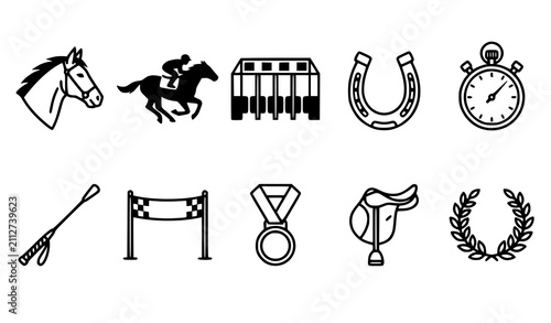 Bild auf Leinwand Horse racing icon collection with horse head jockey starting gate horseshoe stop