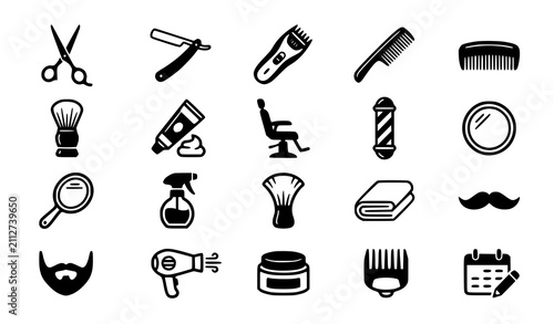 Barber shop icon set with scissors razor clipper comb shaving brush cream barber chair pole mirror mustache beard and hair dryer
