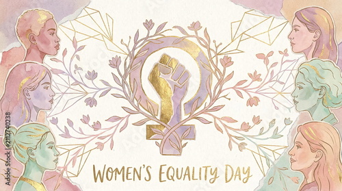 Women's Equality Day illustration with floral elements and fist.