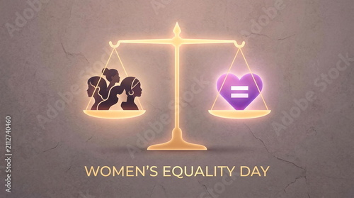 Women's equality day symbolic scale with heart icon.