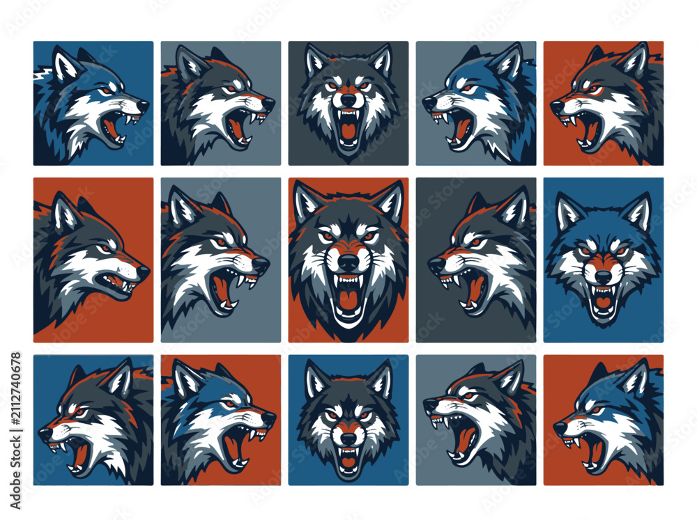 Fototapeta premium Aggressive Wolf Head Vector Illustration Set for Sports Teams Mascots or Fierce Wildlife Design