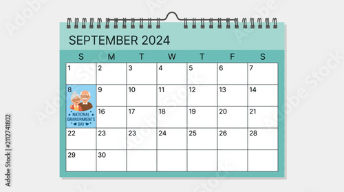 Flat Vector Illustration of September 2024 Calendar Marking National Grandparents Day