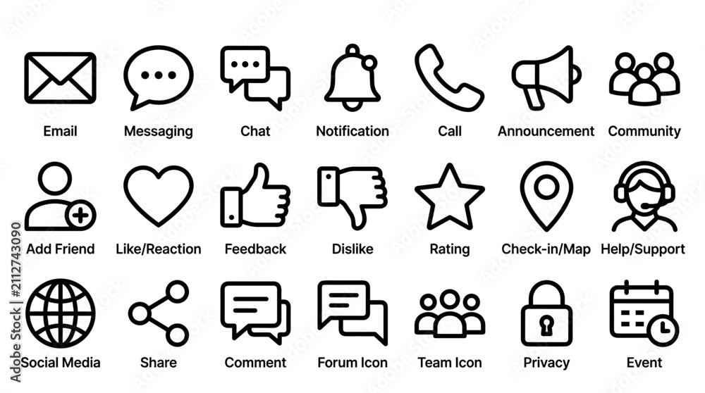 Fototapeta premium A grid of minimalist line icons representing various communication and social media functions.