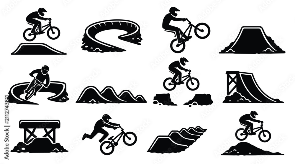 Fototapeta premium BMX dirt biking riders and jump ramps silhouette set