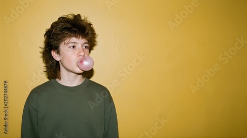 Young boy with retro hairstyle blowing a bubble gum against yellow wall