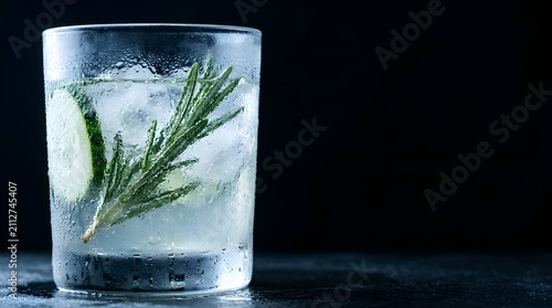 Cold gin and tonic cocktail with cucumber and rosemary on black background