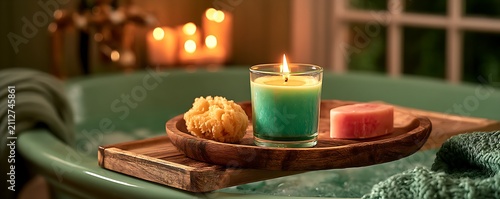 Cozy spa arrangement with lit tealight and bath accessories