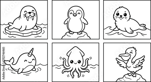 Obraz na płótnie Cute kawaii arctic ocean animals coloring page vector set with walrus penguin se