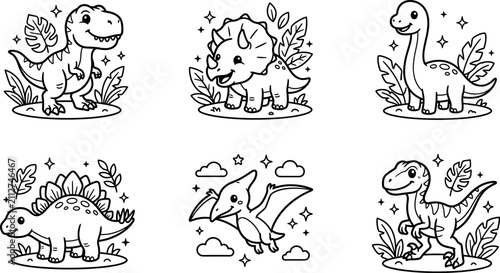 Photography Cute kawaii baby dinosaurs coloring page vector set with smiling happy trex tric